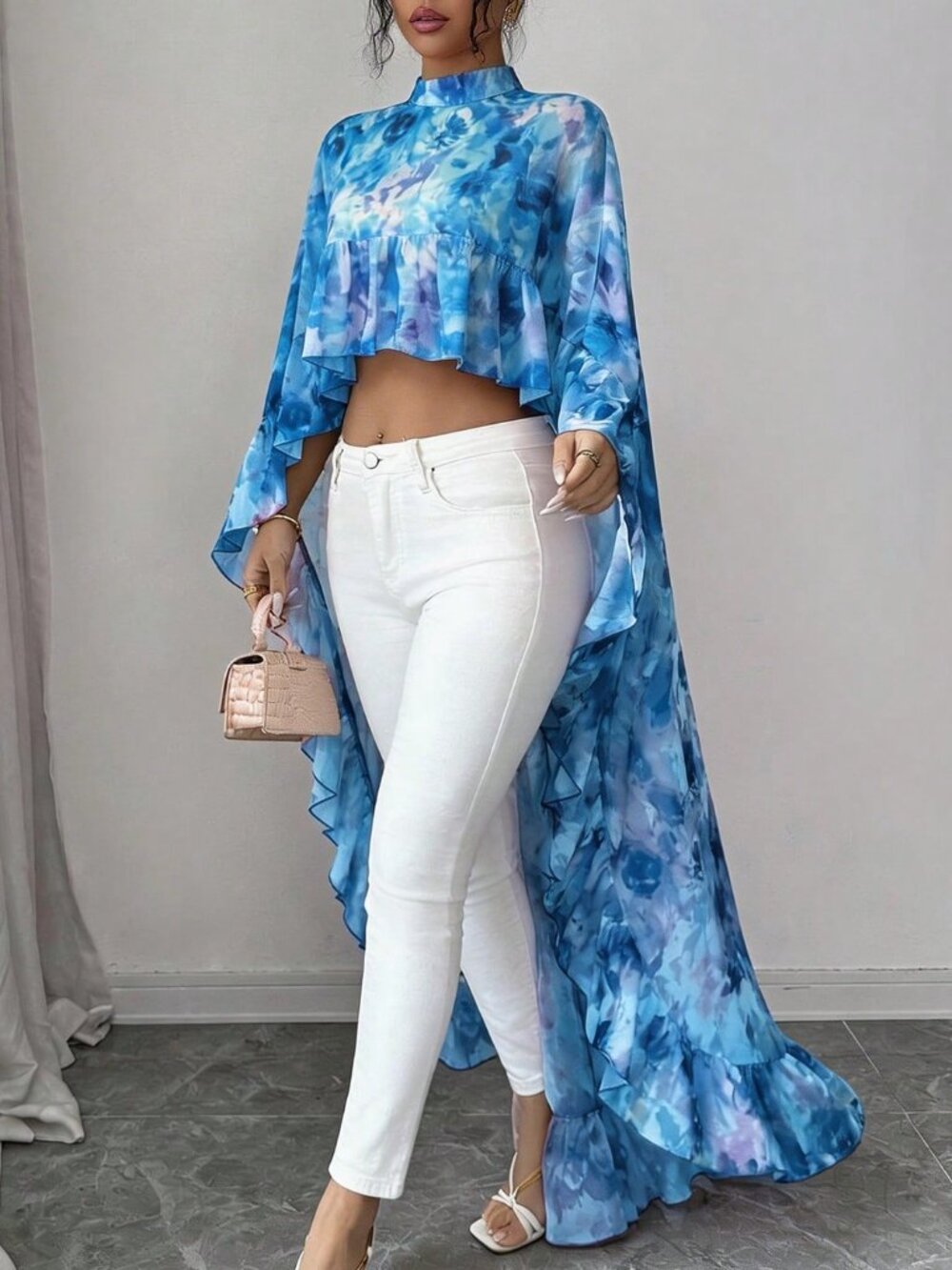 Blue Women's darin Collar Chiffon Floral Ruffle Trim hi-low Elegant Blouse top - Picture 3 of 6